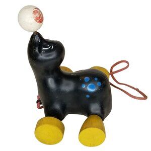 Vintage 60s Playskool Silky Seal Pull Toy Wooden Wheels 7"